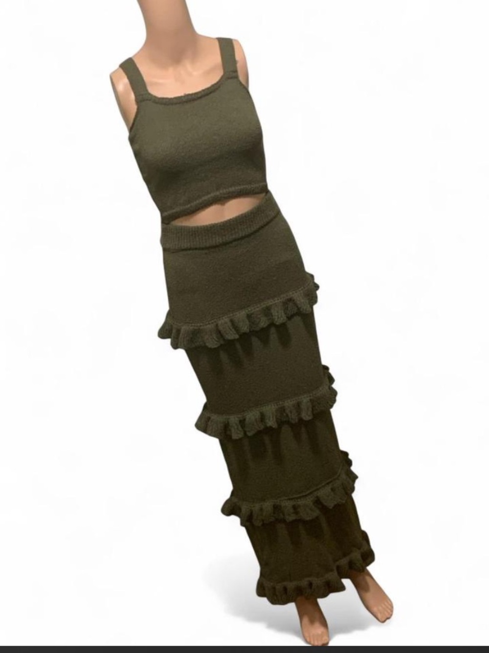 Olive Ruffle Tiered Knit Maxi Skirt - Women's Skirt